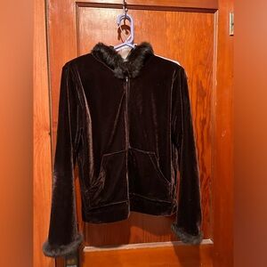 Vintage jasmine rose signature  90s Brown velour fur trim zip up sweatshirt